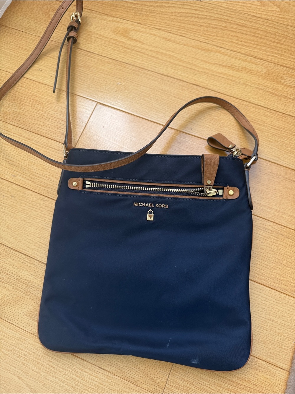 Michael Kors Navy Crossbody with Brown Leather Trim and Gold Hardware
